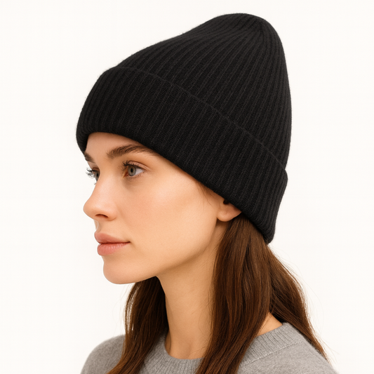 Qrown® 100 % kašmírová čiapka s hodvábnou podšívkou – Čierna