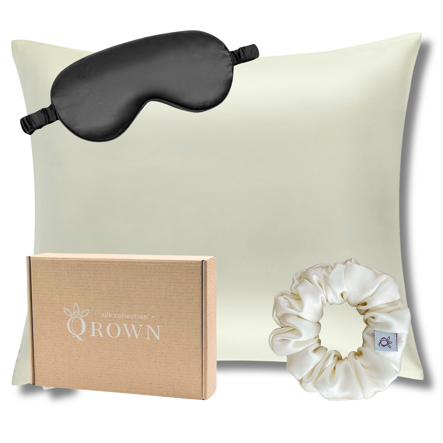 Qrown® Hodvábna obliečka na vankúš 50x60 cm – 22 momme morušový hodváb s hodvábnou gumičkou a maskou na spanie