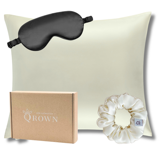 Qrown® Hodvábna obliečka na vankúš 50x60 cm – 22 momme morušový hodváb s hodvábnou gumičkou a maskou na spanie