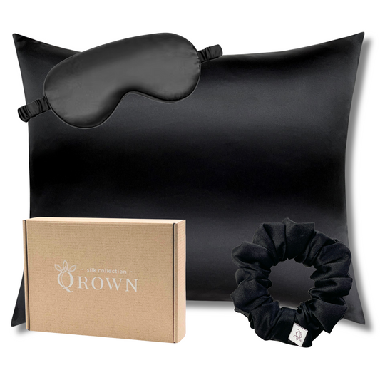 Qrown® Hodvábna obliečka na vankúš 40x60 cm – 22 momme morušový hodváb s hodvábnou gumičkou a maskou na spanie