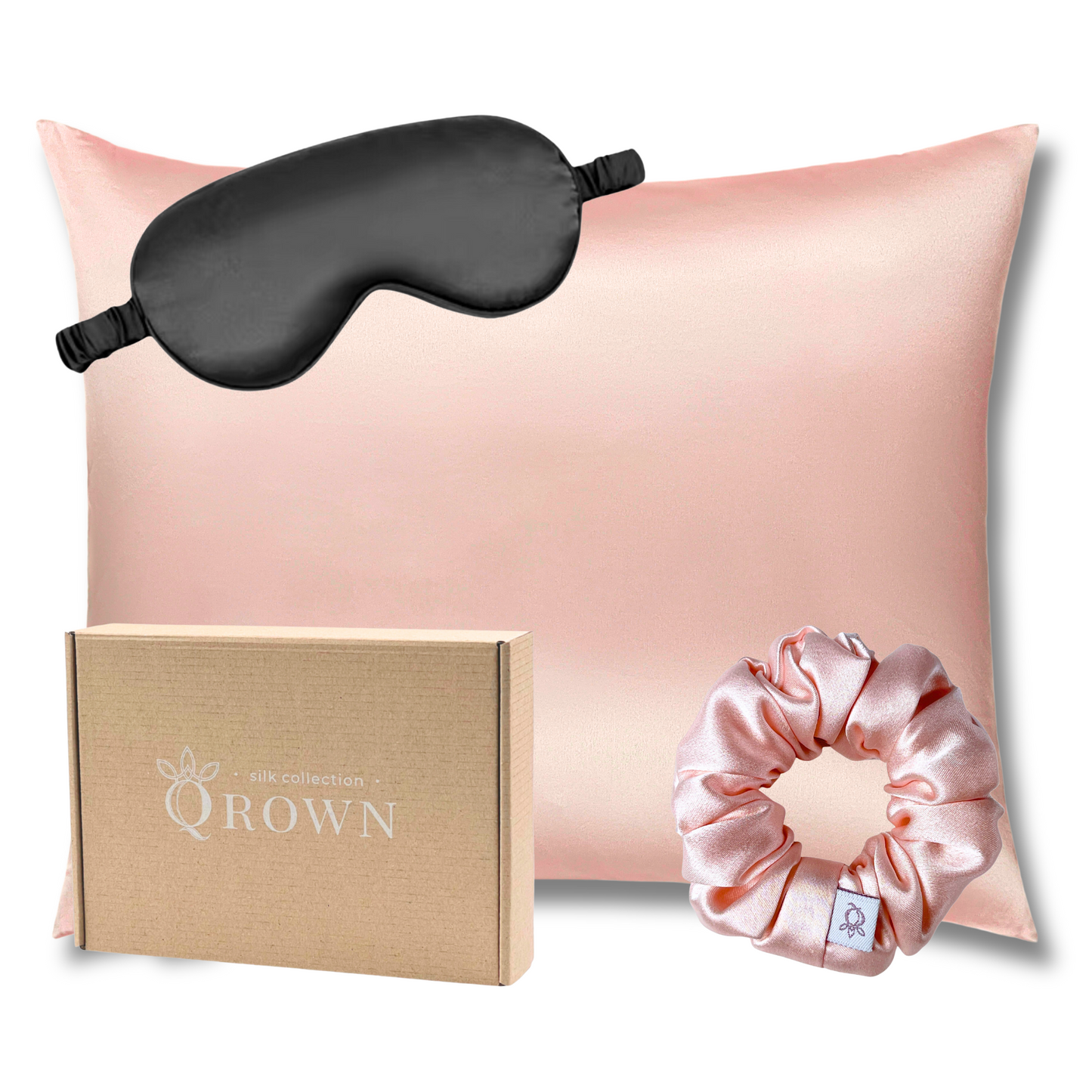 Qrown® Hodvábna obliečka na vankúš 50x60 cm – 22 momme morušový hodváb s hodvábnou gumičkou a maskou na spanie