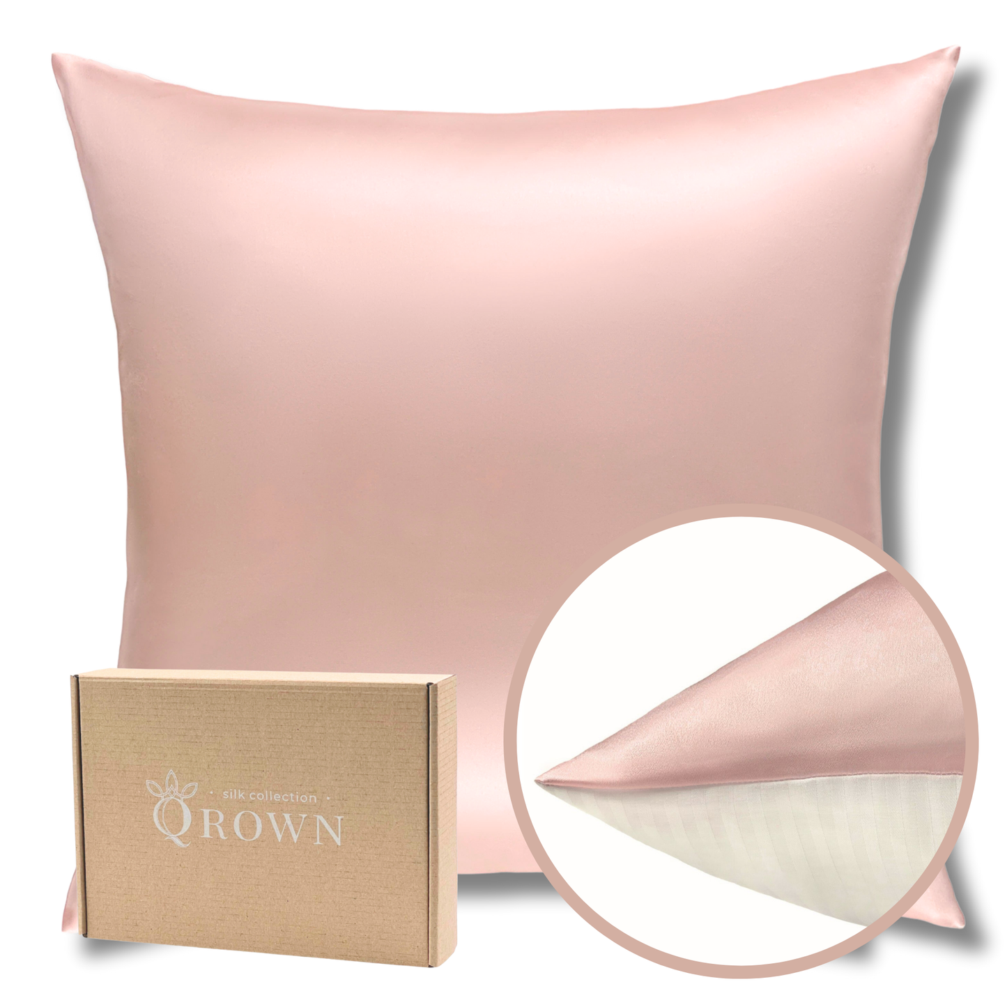 Qrown® hodvábna obliečka na vankúš 50x50 cm – 22 momme morušový hodváb, bavlnená zadná strana