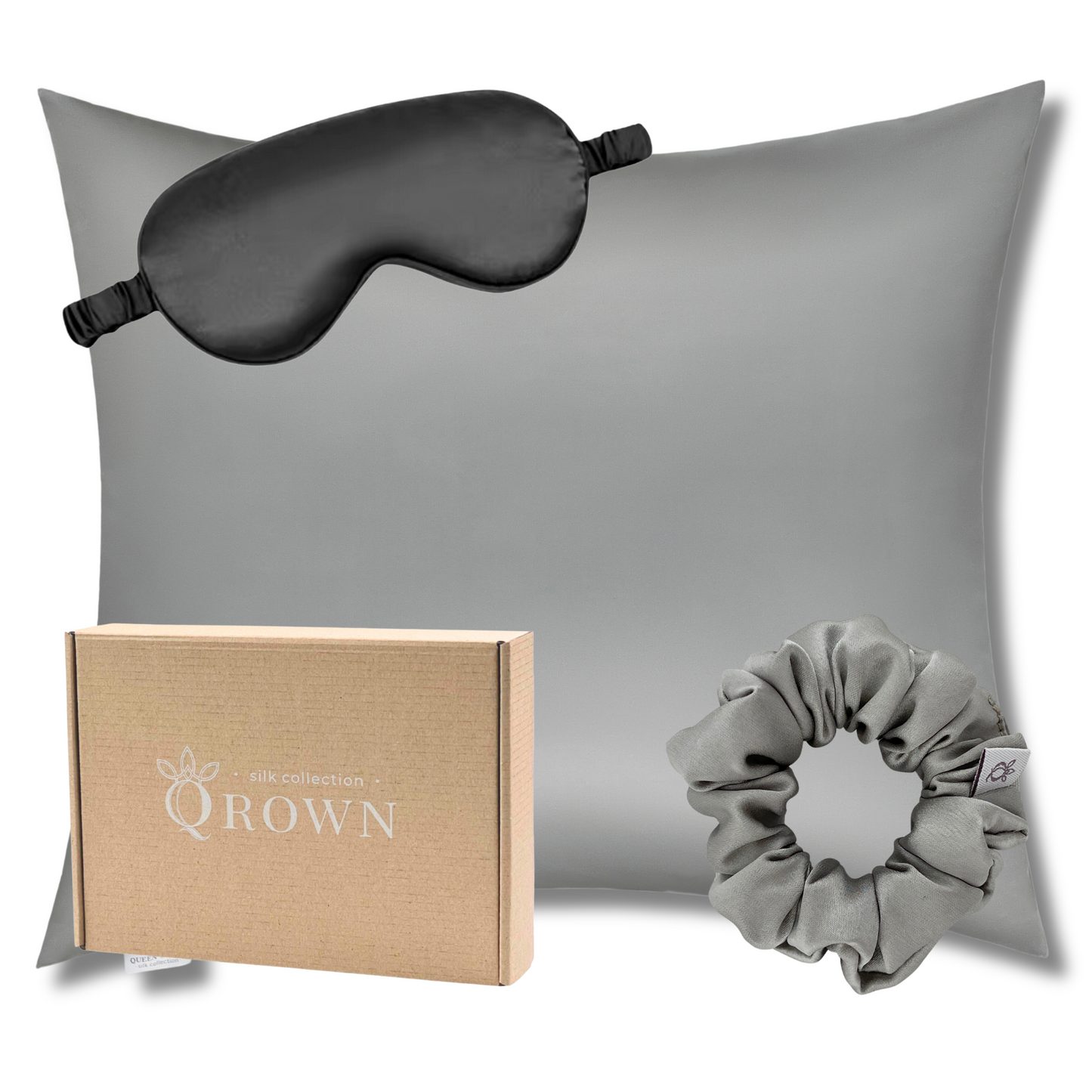 Qrown® Hodvábna obliečka na vankúš 50x60 cm – 22 momme morušový hodváb s hodvábnou gumičkou a maskou na spanie