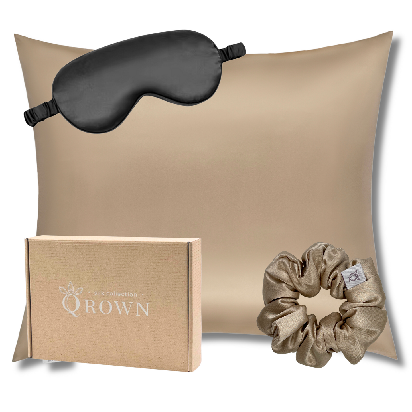 Qrown® Hodvábna obliečka na vankúš 50x60 cm – 22 momme morušový hodváb s hodvábnou gumičkou a maskou na spanie
