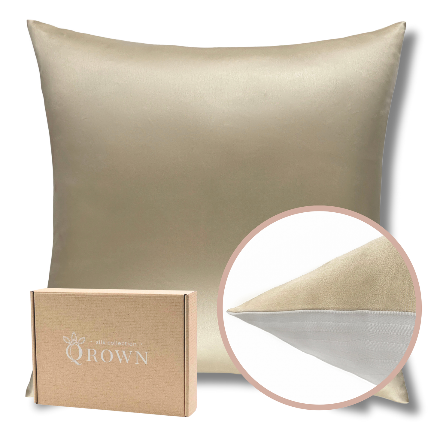 Qrown® hodvábna obliečka na vankúš 50x50 cm – 22 momme morušový hodváb, bavlnená zadná strana