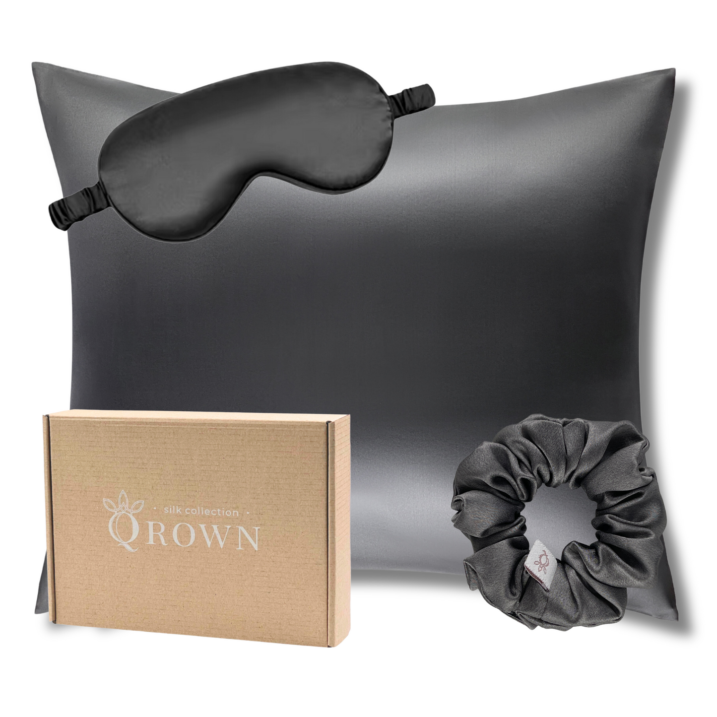 Qrown® Hodvábna obliečka na vankúš 50x60 cm – 22 momme morušový hodváb s hodvábnou gumičkou a maskou na spanie