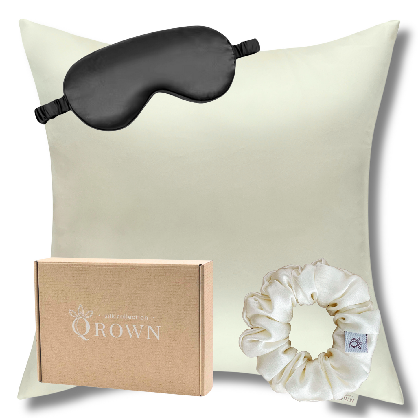 Qrown® Hodvábna obliečka na vankúš 50x50 cm – 22 momme morušový hodváb s hodvábnou gumičkou a maskou na spanie