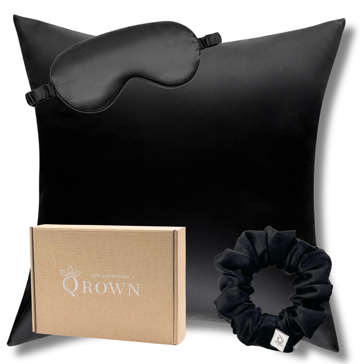 Qrown® Hodvábna obliečka na vankúš 50x50 cm – 22 momme morušový hodváb s hodvábnou gumičkou a maskou na spanie