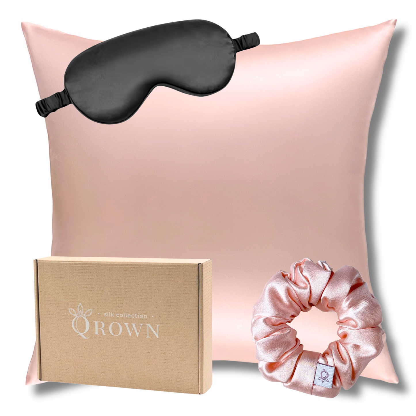 Qrown® Hodvábna obliečka na vankúš 50x50 cm – 22 momme morušový hodváb s hodvábnou gumičkou a maskou na spanie