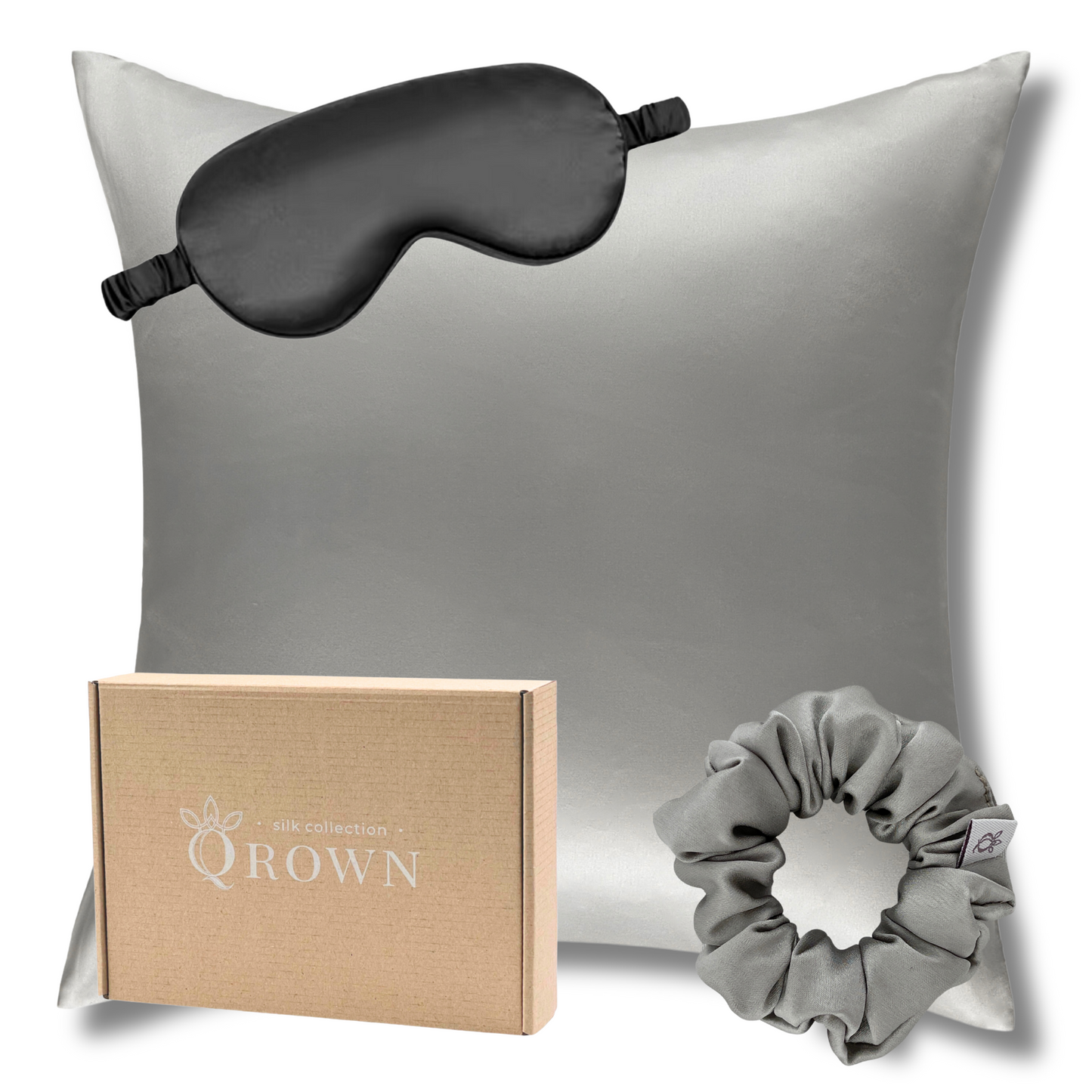 Qrown® Hodvábna obliečka na vankúš 50x50 cm – 22 momme morušový hodváb s hodvábnou gumičkou a maskou na spanie