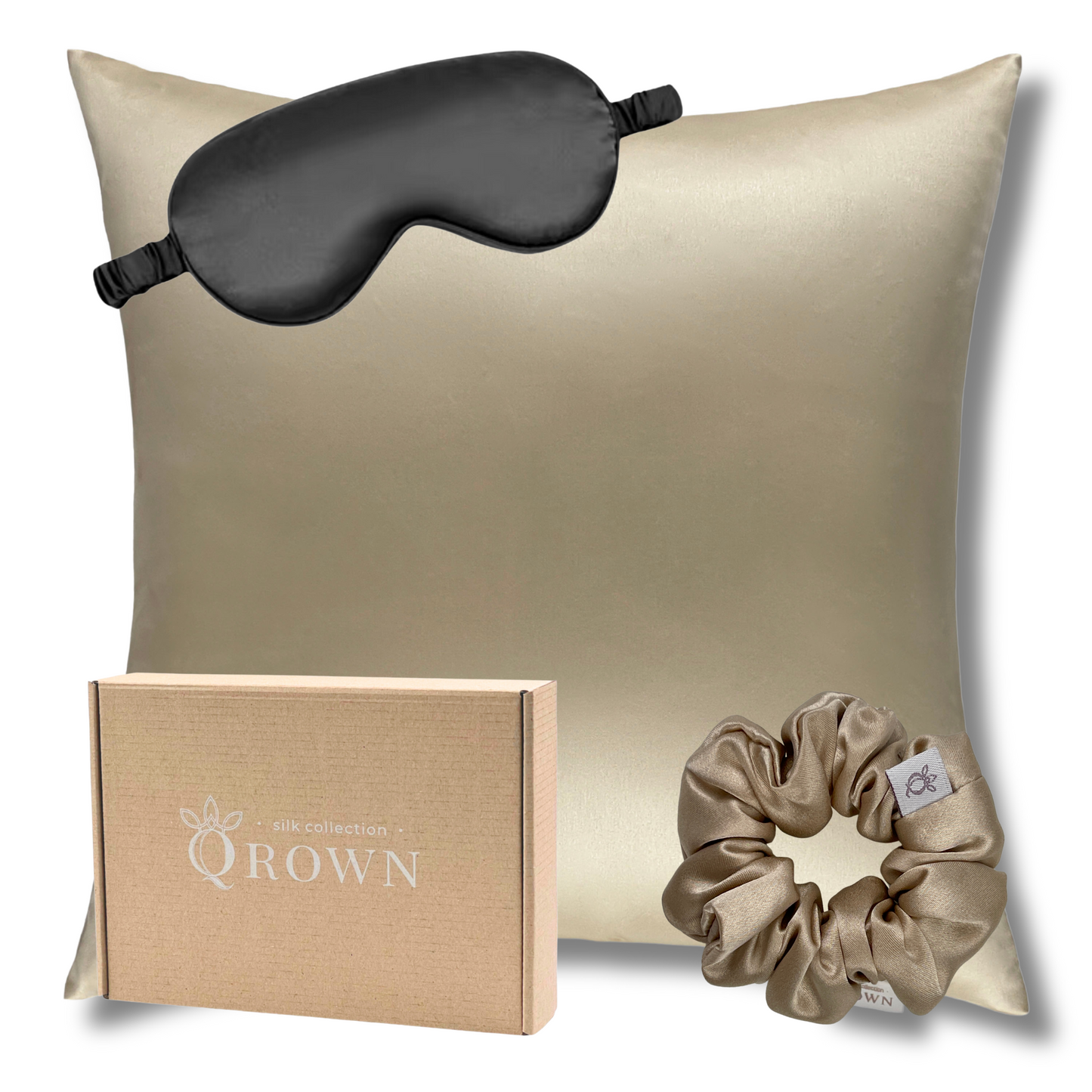 Qrown® Hodvábna obliečka na vankúš 50x50 cm – 22 momme morušový hodváb s hodvábnou gumičkou a maskou na spanie