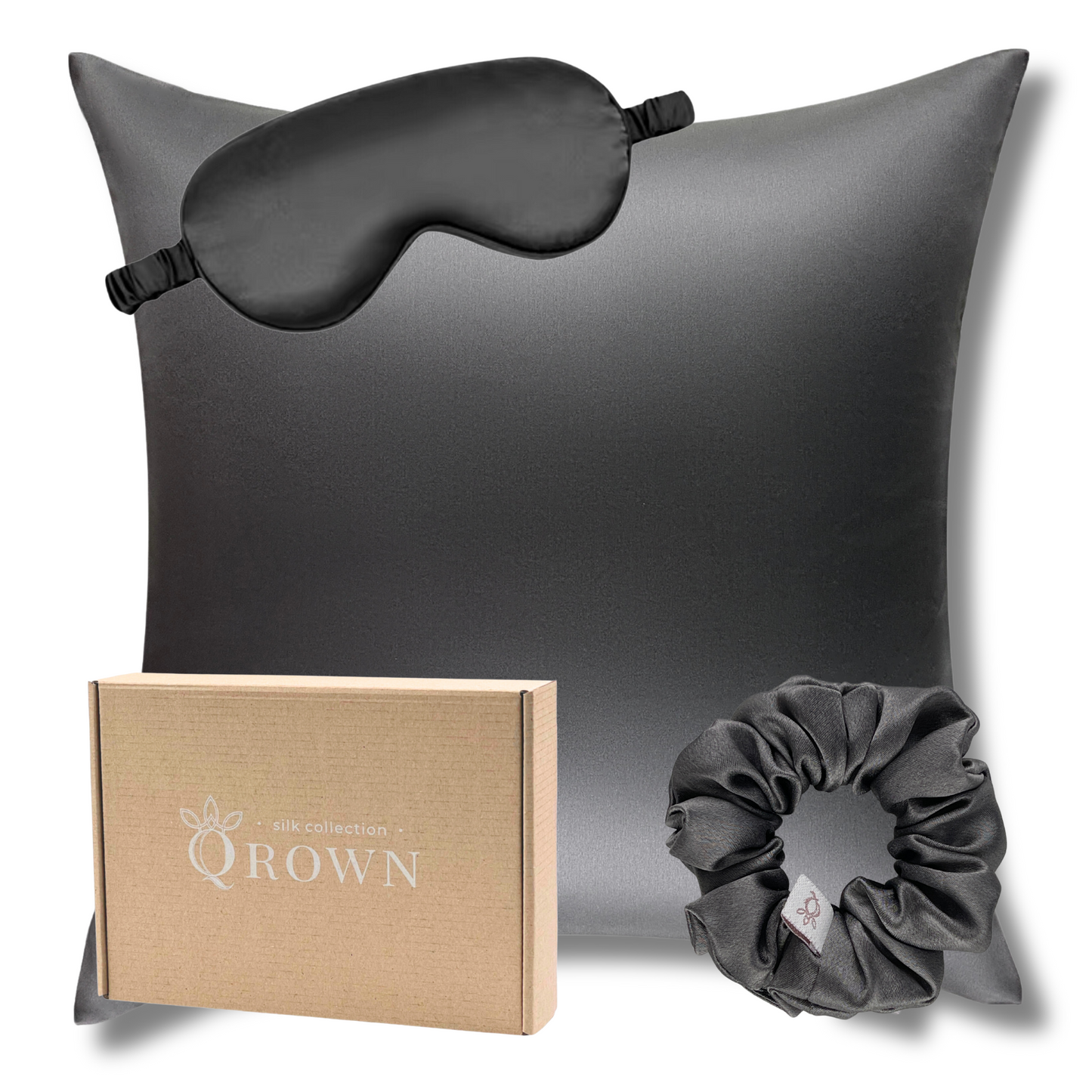 Qrown® Hodvábna obliečka na vankúš 50x50 cm – 22 momme morušový hodváb s hodvábnou gumičkou a maskou na spanie