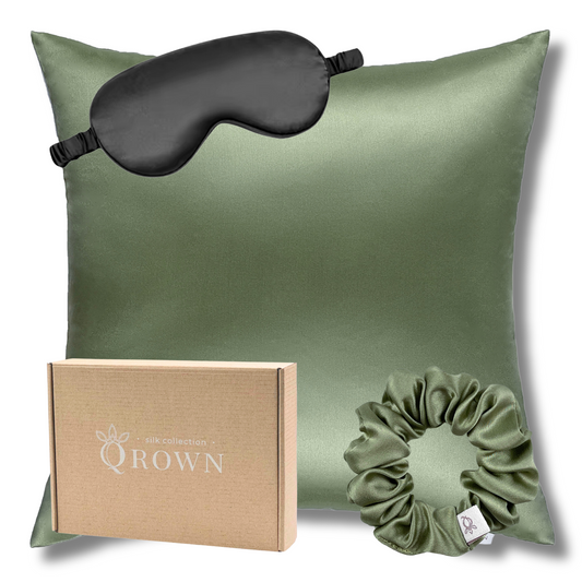 Qrown® Hodvábna obliečka na vankúš 40x40 cm – 22 momme morušový hodváb s hodvábnou gumičkou a maskou na spanie