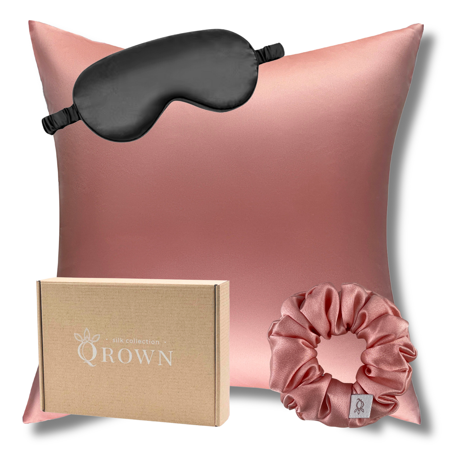 Qrown® Hodvábna obliečka na vankúš 50x50 cm – 22 momme morušový hodváb s hodvábnou gumičkou a maskou na spanie