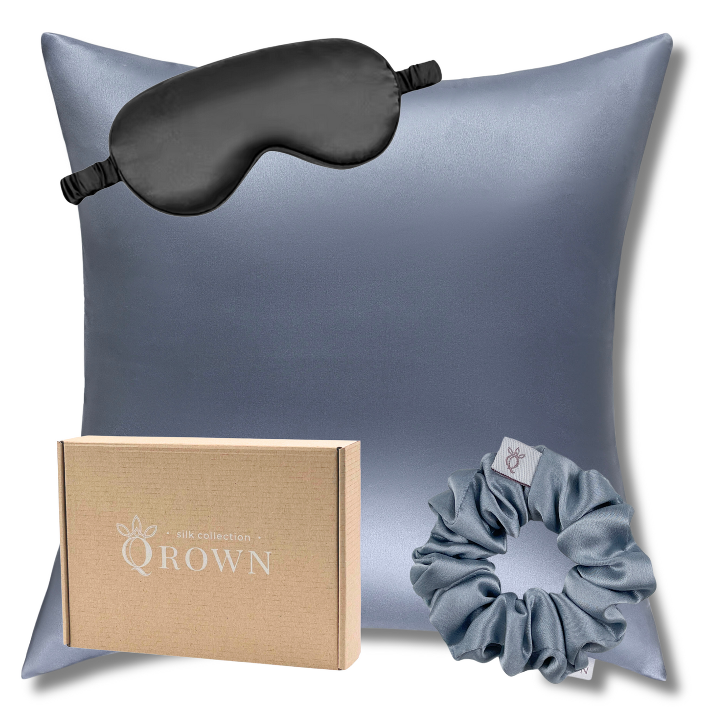 Qrown® Hodvábna obliečka na vankúš 50x50 cm – 22 momme morušový hodváb s hodvábnou gumičkou a maskou na spanie