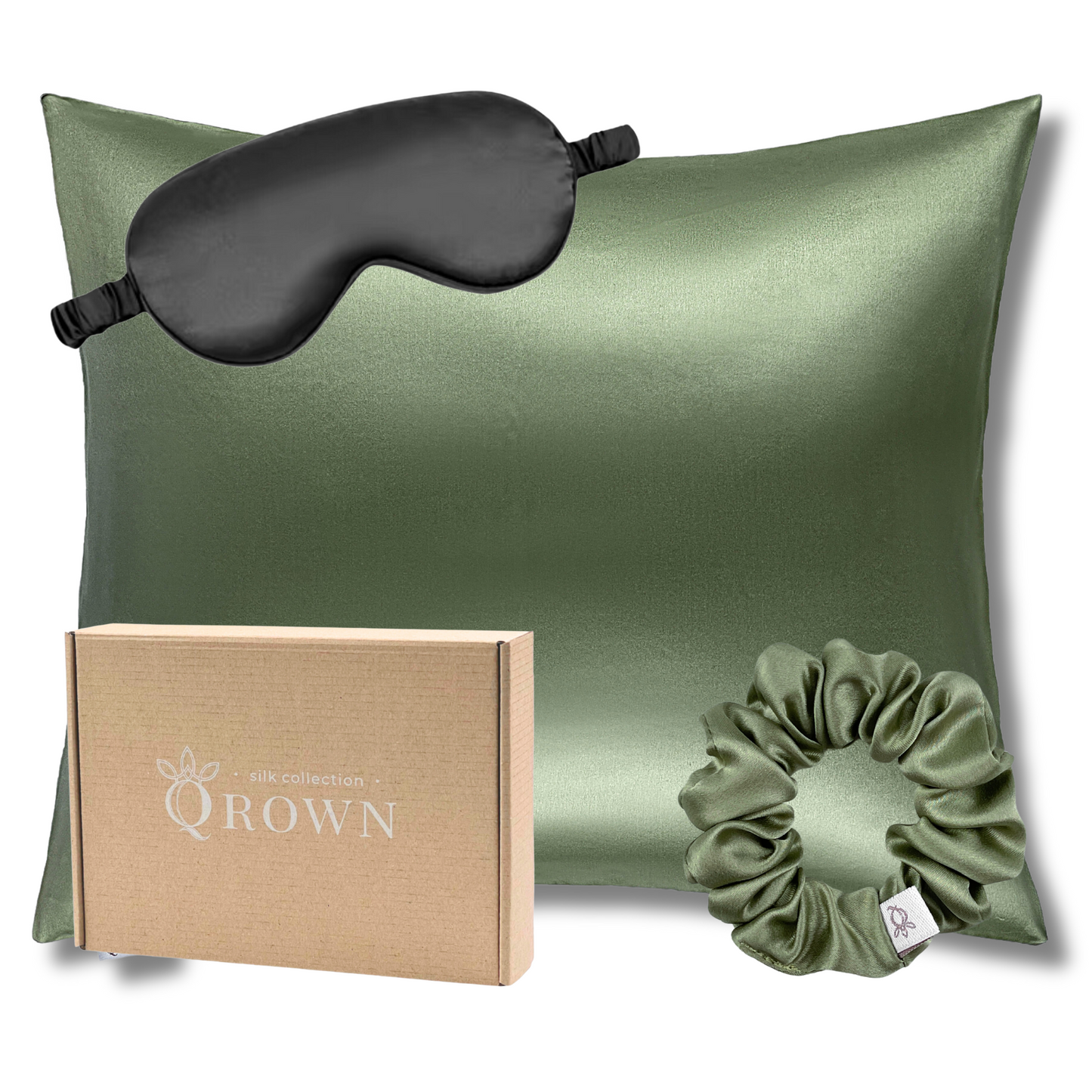 Qrown® Hodvábna obliečka na vankúš 50x60 cm – 22 momme morušový hodváb s hodvábnou gumičkou a maskou na spanie