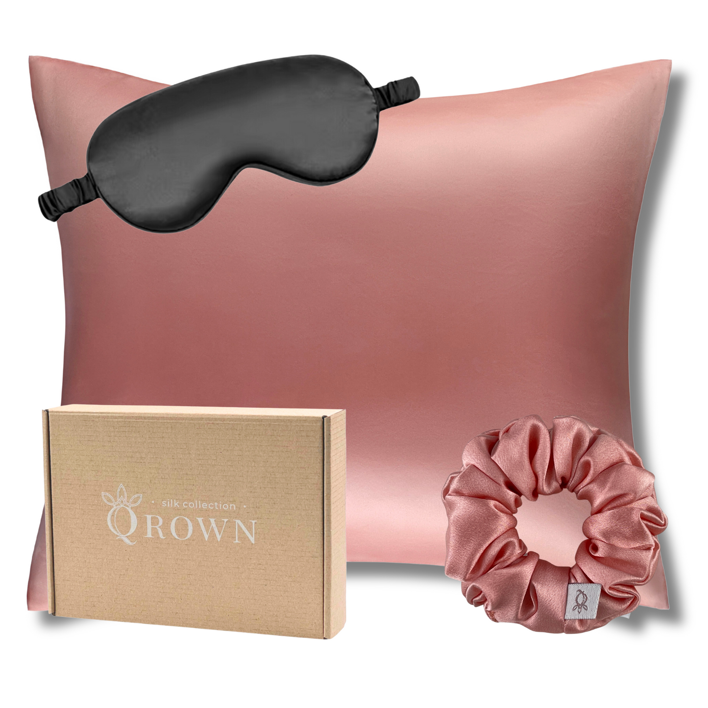 Qrown® Hodvábna obliečka na vankúš 50x60 cm – 22 momme morušový hodváb s hodvábnou gumičkou a maskou na spanie