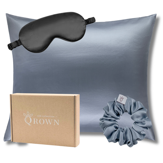 Qrown® Hodvábna obliečka na vankúš 50x70 cm – 22 momme morušový hodváb s hodvábnou gumičkou a maskou na spanie