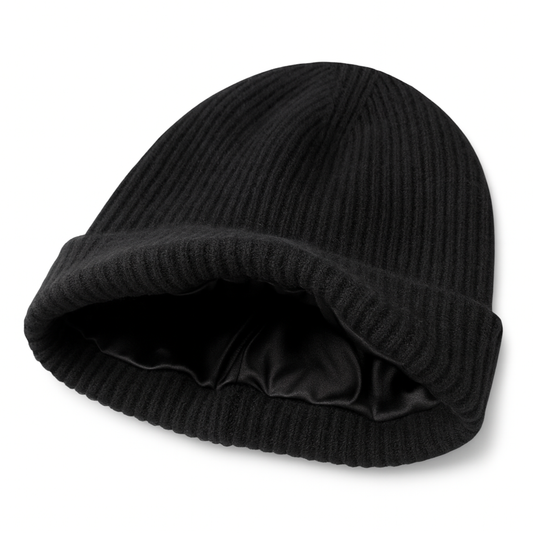 Qrown® 100 % kašmírová čiapka s hodvábnou podšívkou – Čierna