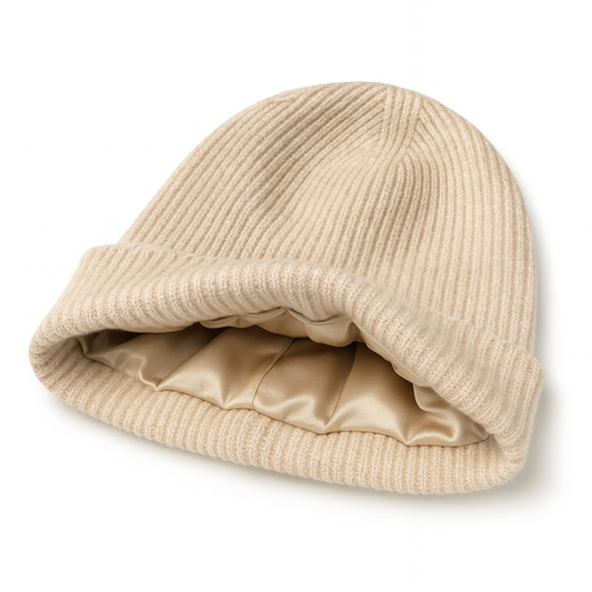 Qrown® čiapka z merino vlny a kašmíru s hodvábnou podšívkou – Béžová
