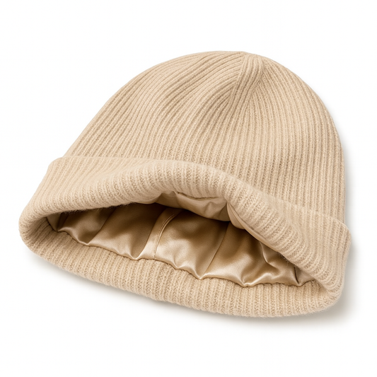 Qrown® 100 % kašmírová čiapka s hodvábnou podšívkou – Béžová